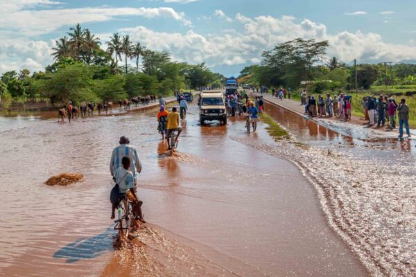 MANYARA, TANZANIA - NOVEMBER 28, 2011: The catastrophic debris flow destroyed a road between national parks Manyara and Ngorongoro. Car traffic was restored on the same day, Tanzania, East Africa